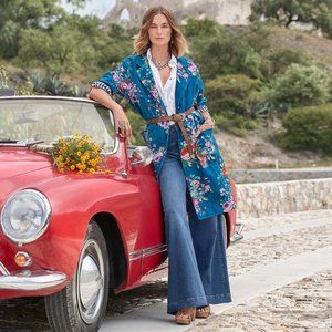 NWOT sundance royal botanical topper linen blend floral trench coat in blue